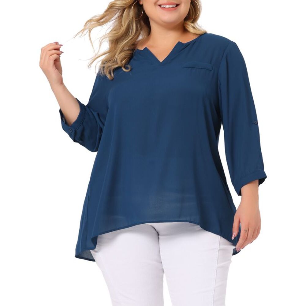 Women Plus Size 3/4 Sleeve Flowy Summer Split V Neck Blouse Blue